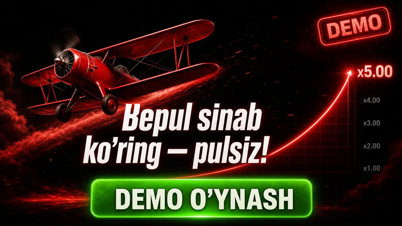 Aviator demo rejimi ekrani, virtual balans ko'rsatilgan